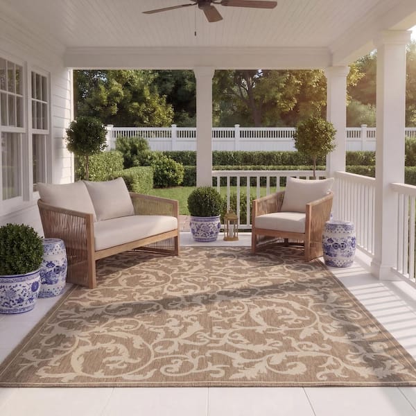 Courtyard Brown/Natural 8 ft. x 11 ft. Border Indoor/Outdoor Patio Area Rug