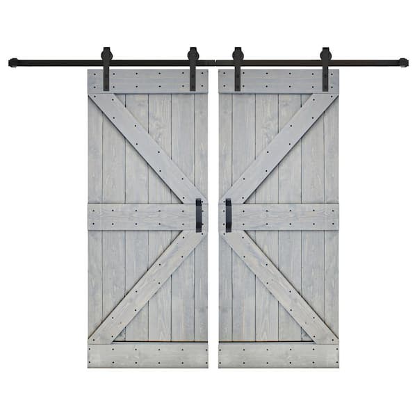 ISLIFE K Series 76 in. x 84 in. Willow Gray Finished DIY Solid Wood Double Sliding Barn Door with Hardware Kit
