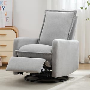 Gray Linen 360° Swivel Metal Base Recliner Chair with High Backrest, Glider Rocker, Rocking Chair Nursery