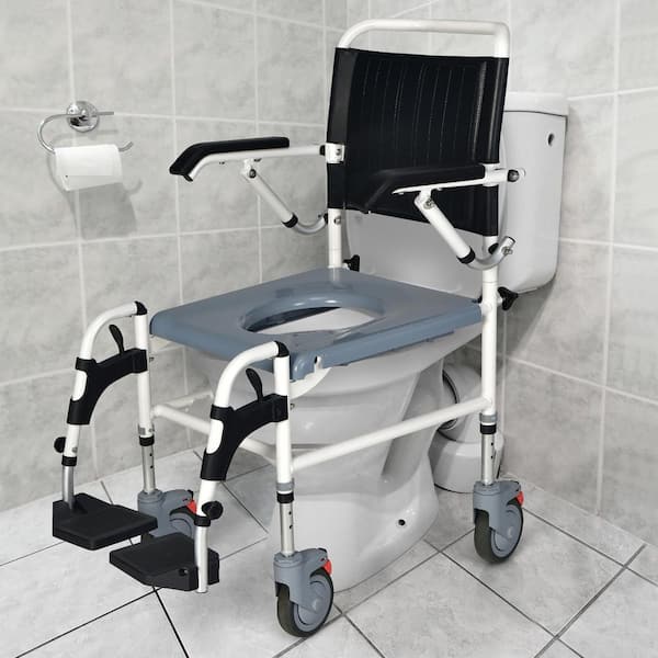 Costway 34.5 in. x 23 in. 4 in 1 Bedside Commode Chair Toilet Seat with Wheel Commode Wheelchair with Detachable Bucket GHMHSKU00678 The Home Depot