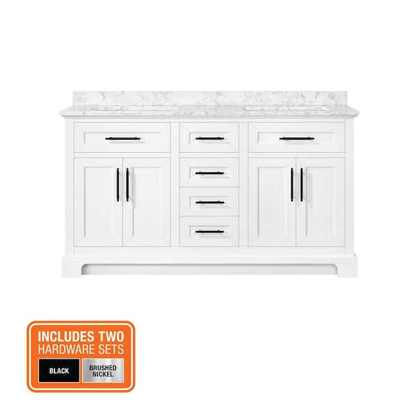 Doveton 60 in. Double Sink Freestanding White Bath Vanity with White Engineered Marble Top (Assembled)