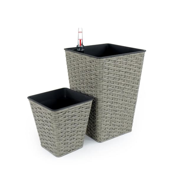 Benjara 9.4,7 in. W Gray and Black Plastic Square Indoor/Outdoor Planter with Self Watering Feature (Set of 2)