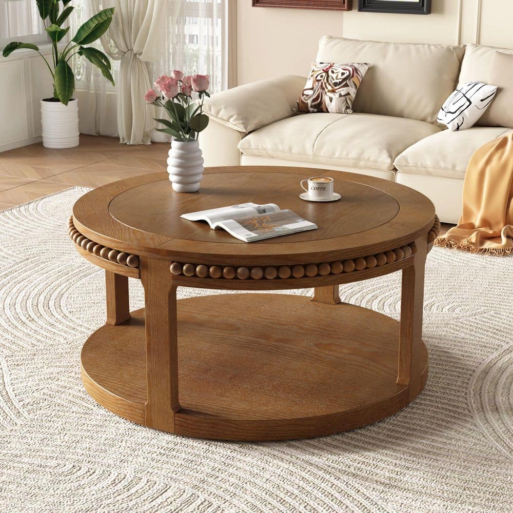 31.5 in. Walnut Round Solid Wood Coffee Table with 2-Tier Rustic Desktop and Storage Shelf