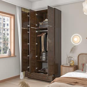 Brown Wood 44.3 in. W Shutter Doors Wardrobe Armoires with Drawers, Hanging Rod, Top Cabinets (94.5 in. H x 19 in. D)