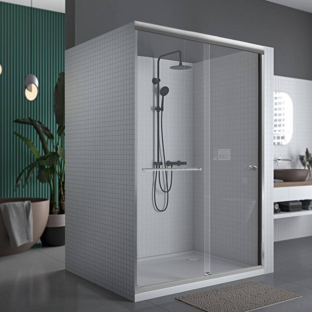 60" Chrome Semi-Frameless Double Sliding Shower Door with Clear Glass