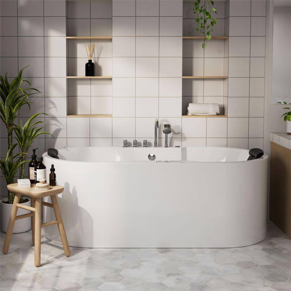67" White Acrylic Freestanding Whirlpool Bathtub with Faucet