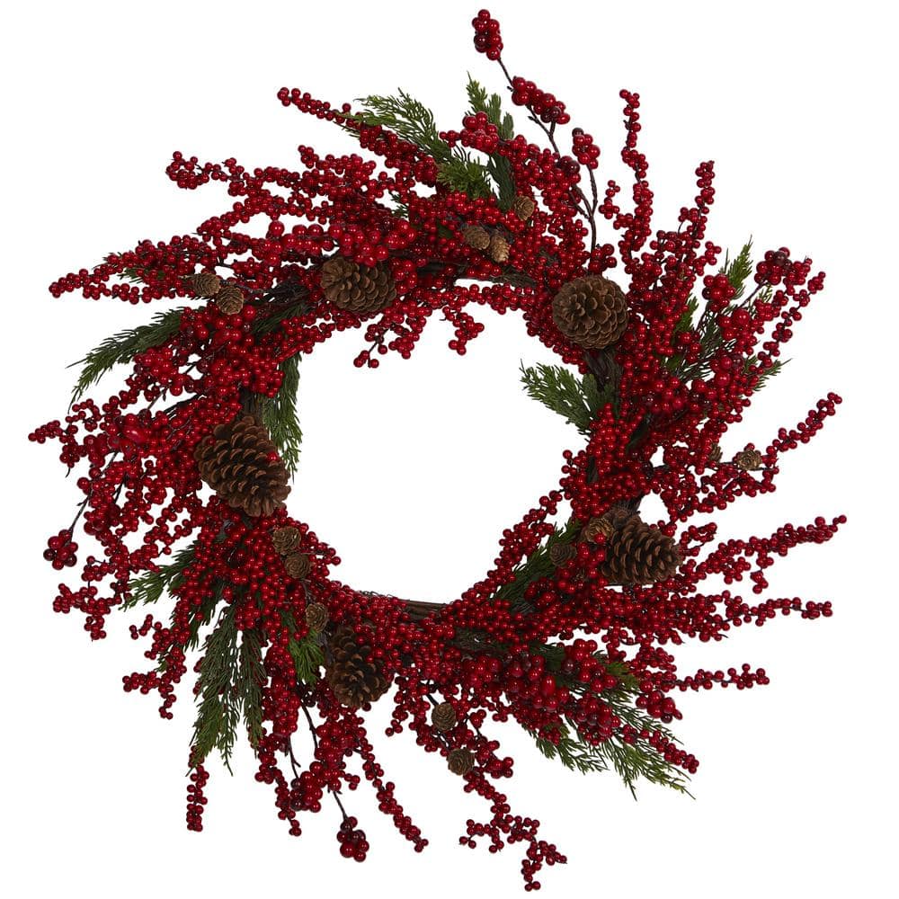 Nearly Natural 28 in. Cypress Artificial Wreath with Berries and Pine ...