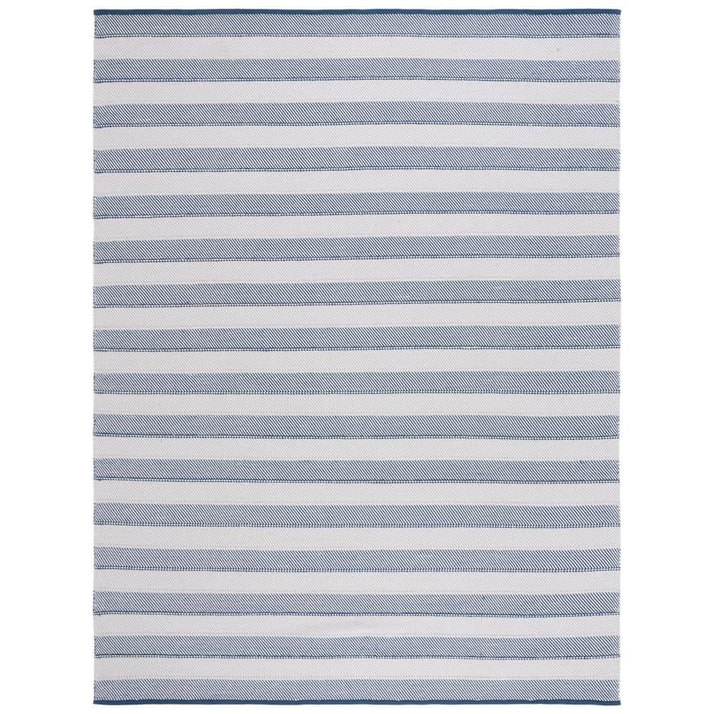 Grey and Blue Striped 8' x 10' Wool Cotton Area Rug