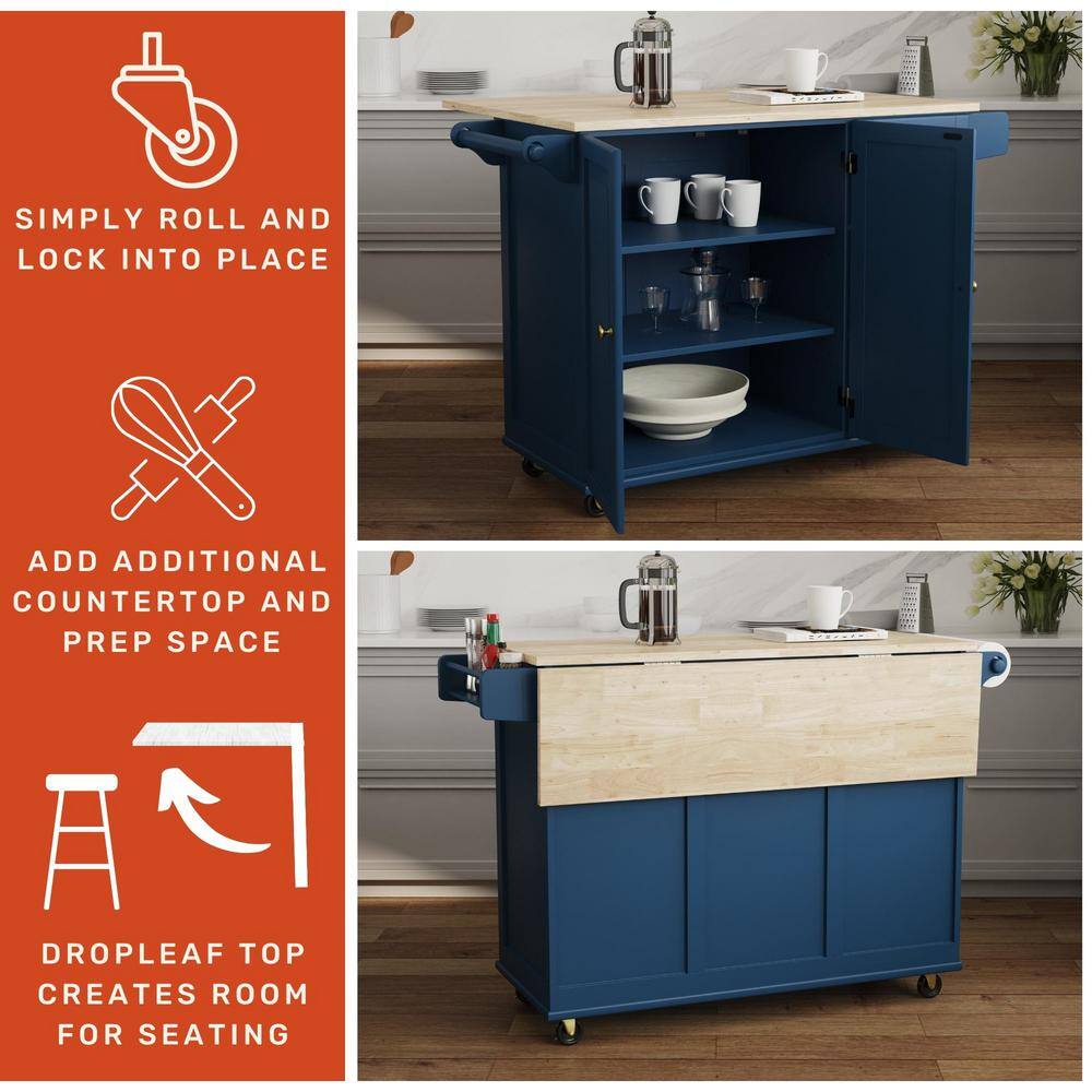 Blue Wood Drop Leaf Kitchen Cart with Spice Rack