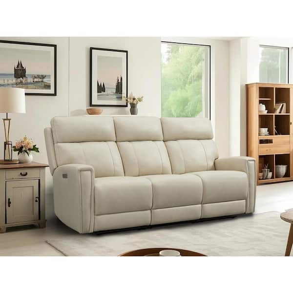 Ellesophas Alsa 83 in. Pillow Top Arm Leather Rectangle Power Reclining Sofa with Zero Gravity Headrest and Footrest in Cream