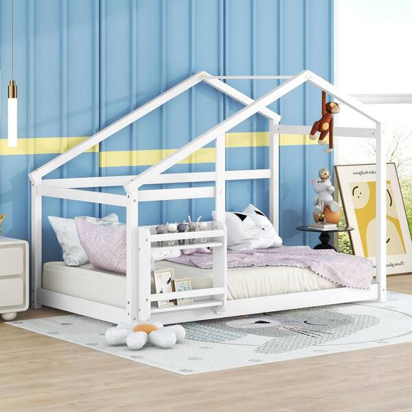 KOMFOTT Twin Montessori Floor Bed With Bookshelf - Solid Pine Wood Kids Bed Frame With Guardrails (White) - View #5