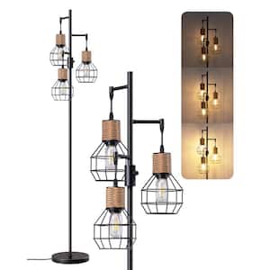 65 in. Black Industrial 3-Light Standard Smart Dimmable Floor Lamp for Living Room with 3 LED Edison Bulbs
