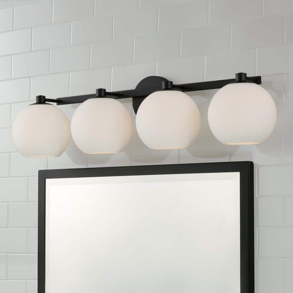 Matte Black 4-Light Vanity with Soft White Glass Globes