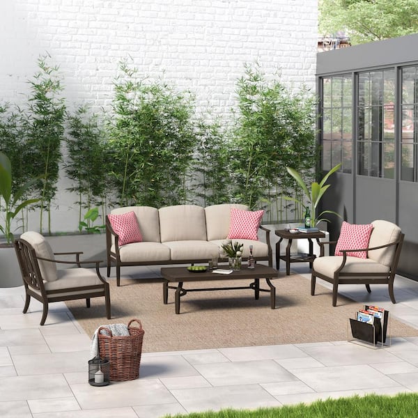 ULAX FURNITURE Tamarin 5-Piece Aluminum Outdoor Conversation Set with Echo Dune Sunbrella Cushions