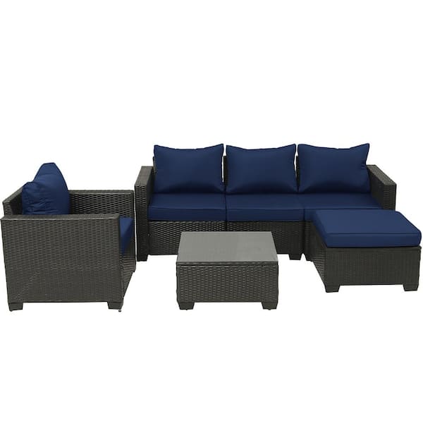 Sudzendf Dark Brown 6-Piece Wicker Outdoor Patio Conversation Set with Ottoman, Dark Blue Cushions and Tempered Glass Table