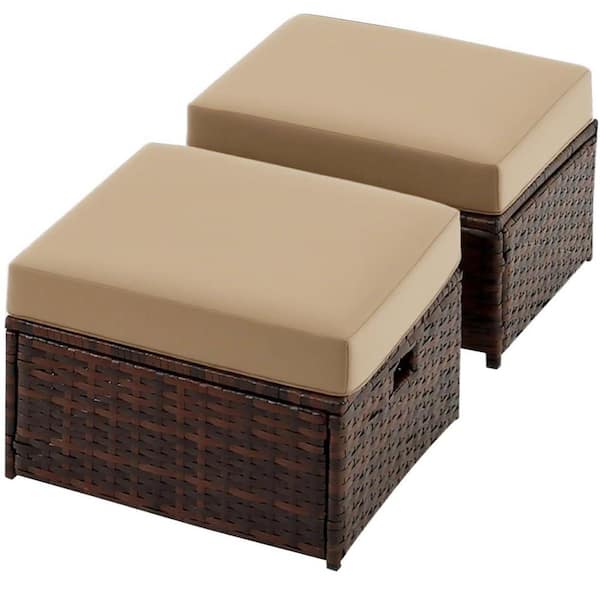 2-Piece Mixed-Brown Wicker Outdoor Patio Ottoman,Outdoor Dining Chairs  with  Tan Cushions