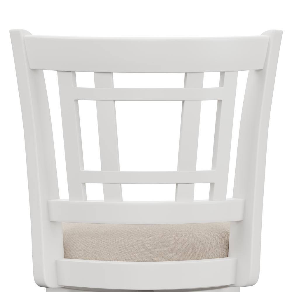 Elegant White Swivel Bar Stool with Beige Fabric Seat and Wood Accents