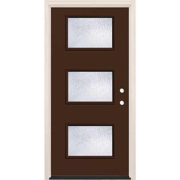 Builders Choice 36 in. x 80 in. Left-Hand/Inswing 3-Lite Rain Glass Chestnut Painted Fiberglass Prehung Front Door w/4-9/16 in. Frame