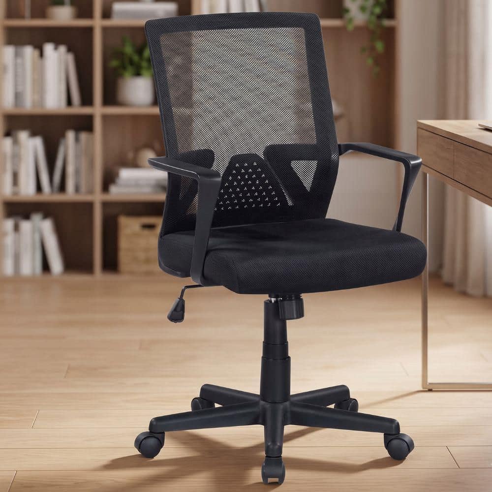Modern Polyester Fabric Swivel Ergonomic Task Chair with Breathable Mesh Back and Wheels in Black