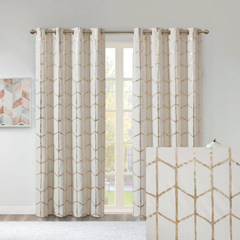 Ivory and Gold Geometric Blackout Grommet Curtains, 50"x84" Set of 2
