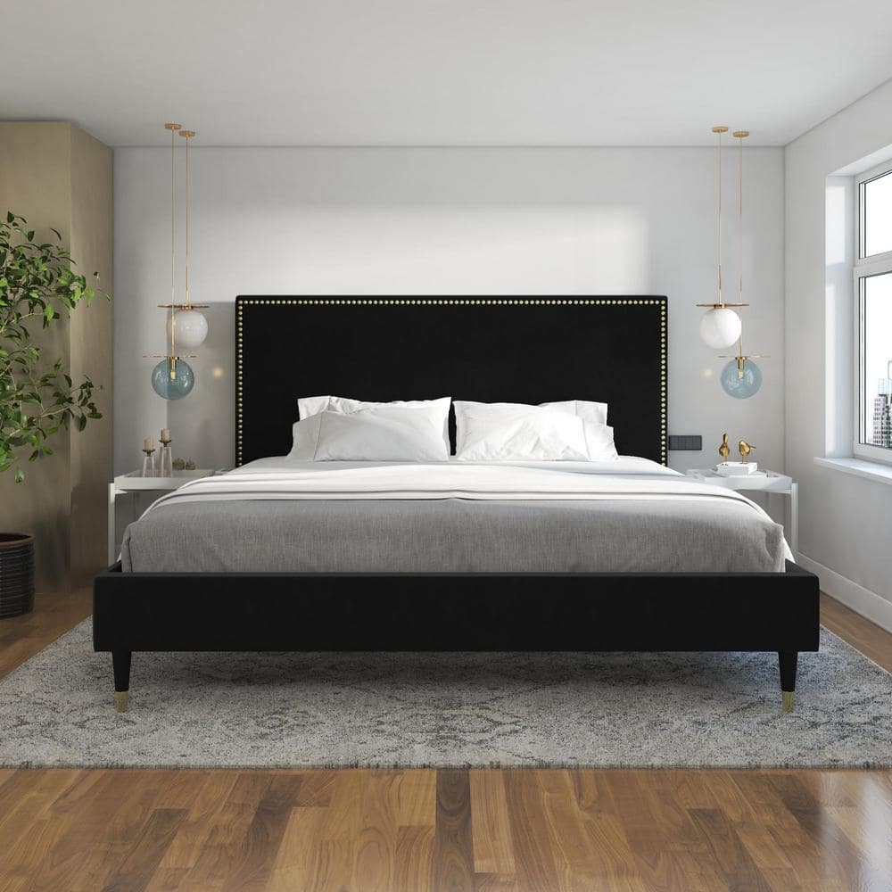 Audrey King Black Velvet Upholstered Platform Bed with Nailhead Trim