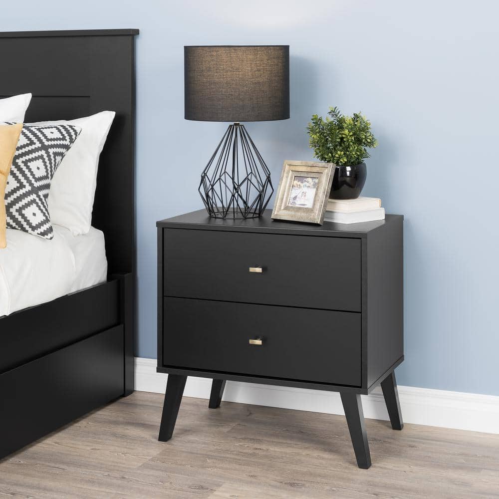 Black Mid-Century Modern 2-Drawer Nightstand with Brass Knobs