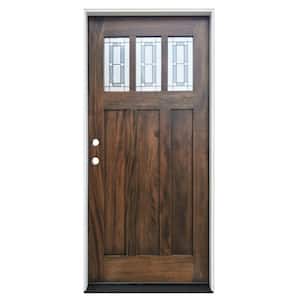 36 in. x 80in. Espresso Right-Hand Inswing 3-Lite Decorative Glass Stained Mahogany Prehung Front Door w/ 6-9/16in. Jamb