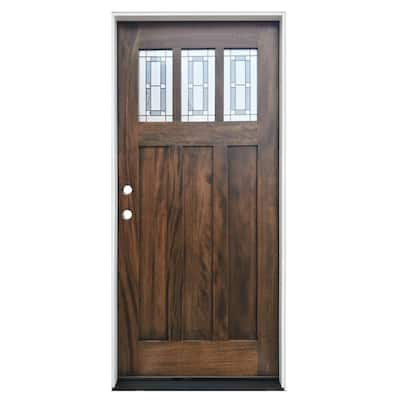 36 in. x 80in. Espresso Right-Hand Inswing 3-Lite Decorative Glass Stained Mahogany Prehung Front Door w/ 6-9/16in. Jamb