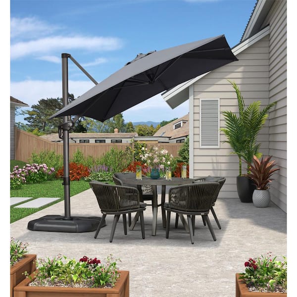 PURPLE LEAF 8 ft. Square Aluminum Outdoor Patio Cantilever Umbrella Offset 360° Rotation Umbrella with Base, Gray