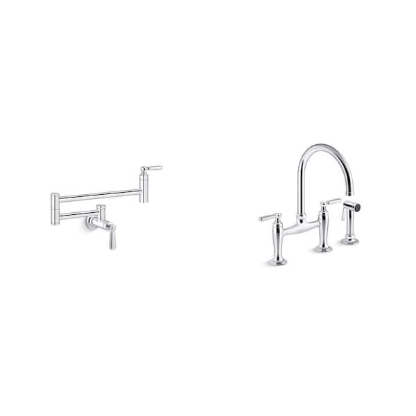 Edalyn Polished Chrome Pot Filler and Double-Handle Bridge Kitchen Faucet with Side Sprayer Combo