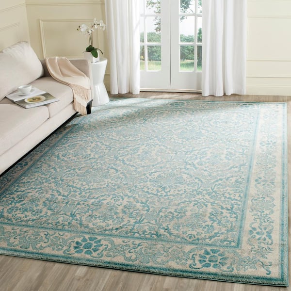 Evoke Ivory/Light Blue 9 ft. x 12 ft. Floral Border Antique Area Rug