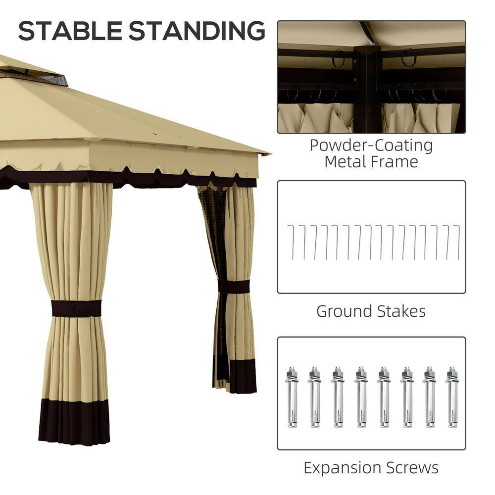 Beige and Brown Double Roof Patio Gazebo with Netting and Curtains