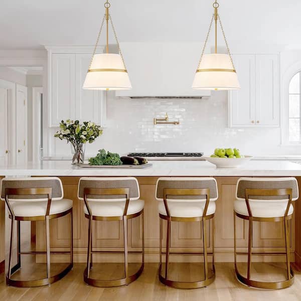 Softline 4-Light 15.4 in. Modern Brass Pendant Light with Linen Fabric Drum Shade for Bedroom Living Room Island