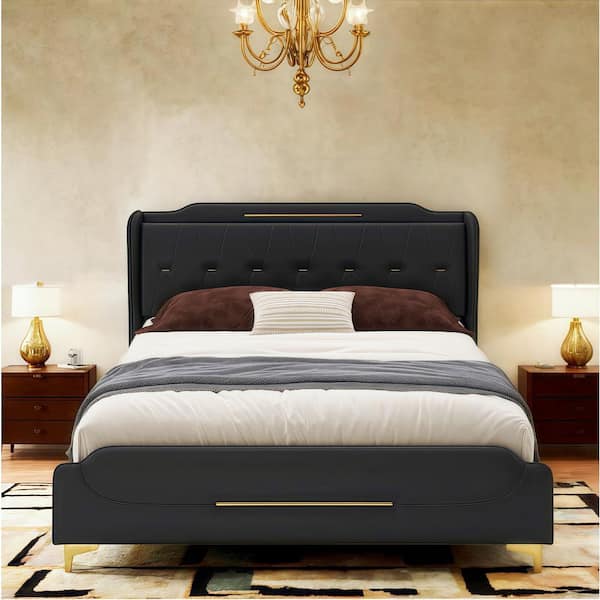 CHRISTOPHER KNIGHT HOME Salas Queen Size Modern Upholstered PU Leather Platform Bedframe with Gold Metal Accents and Wingback Headboard, Black