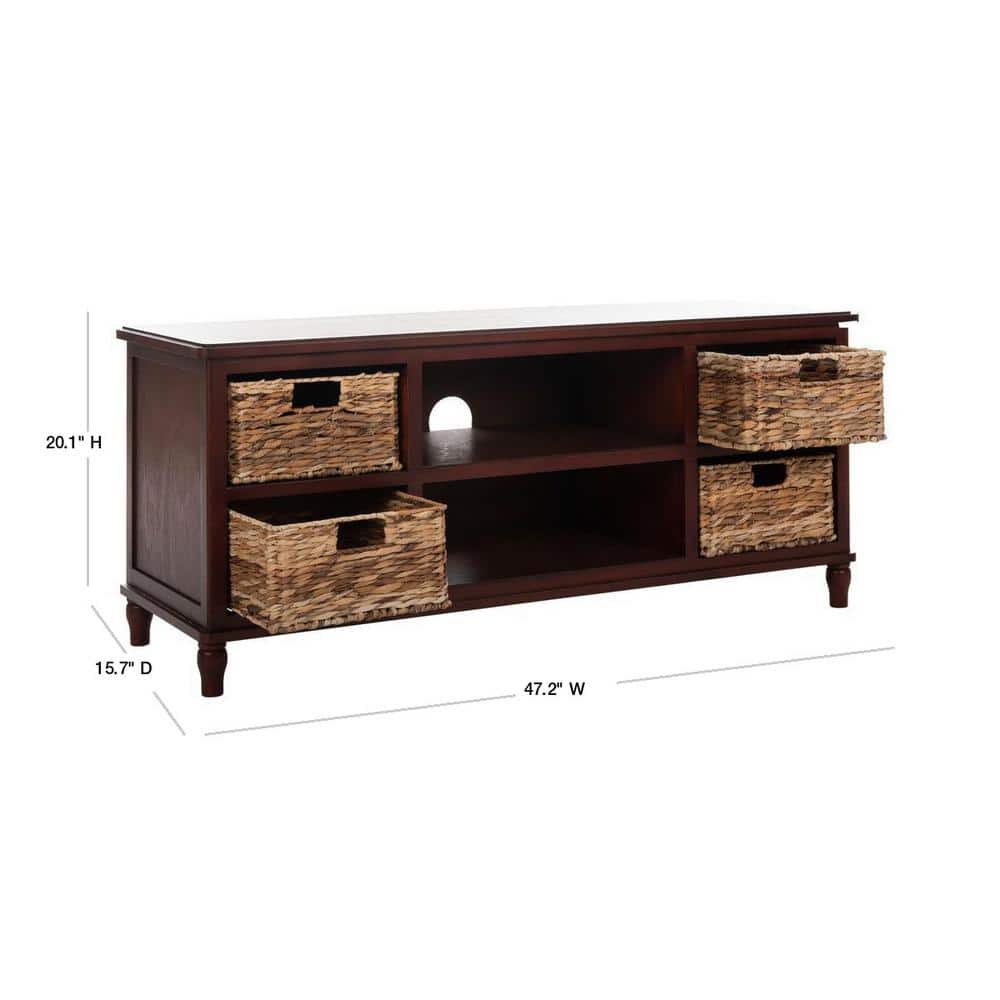 White Transitional Wood Entertainment Unit with Rattan Baskets