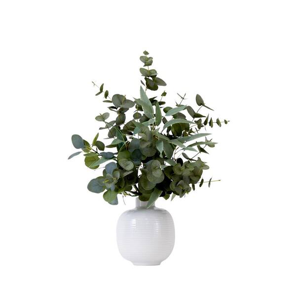 Nearly Natural 24 in. Green Artificial Eucalyptus Leaves Floral Arrangement with Ceramic Planter