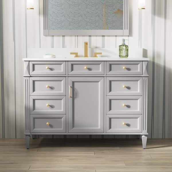 ANGELES HOME 48 in. W x 22 in. D x 35 in. H Solid Wood Freestanding Bath Vanity in Grey with Single Sink, Carrera White Quartz Top
