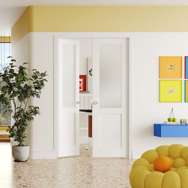 48 in. x 80 in. MDF Composite, Primed, White, 1/2 Lite, Frosted Glass Interior Door Slab with Silver Sphere Doorknob