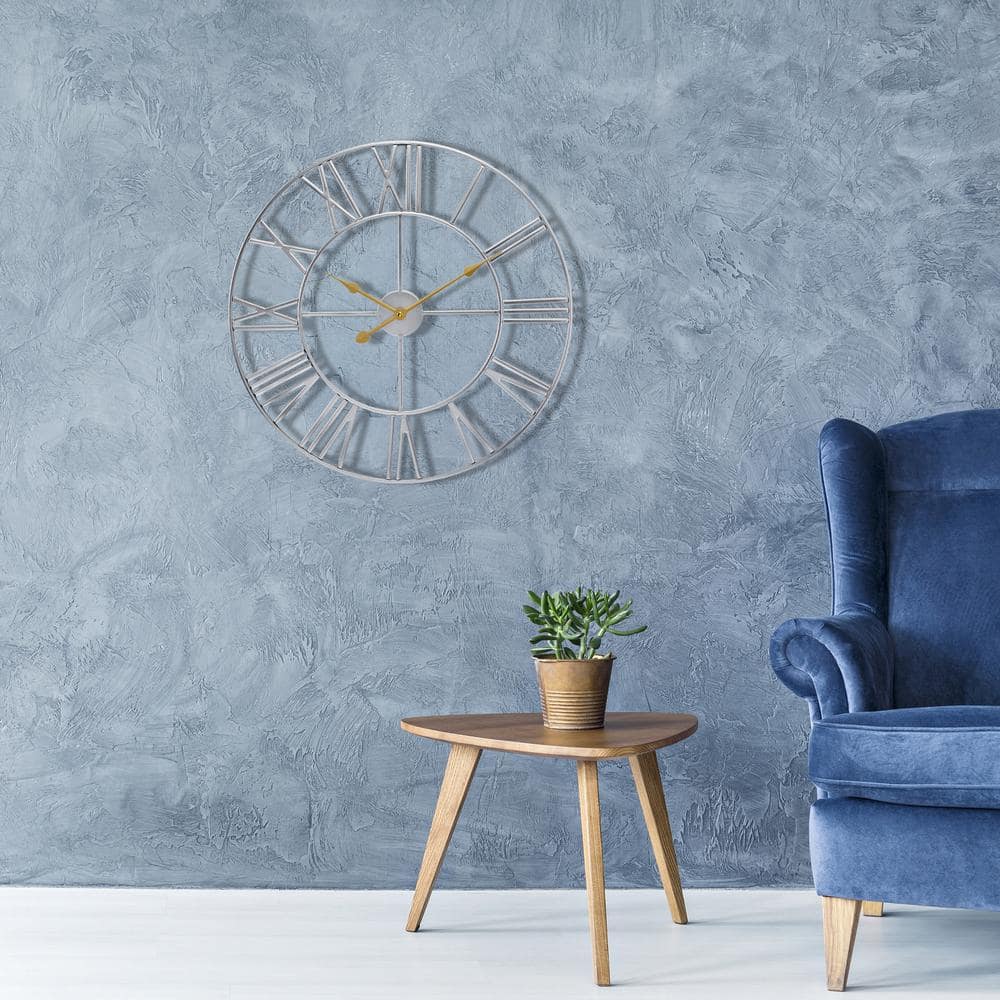 Oversized Silver Metal Roman Numeral Wall Clock