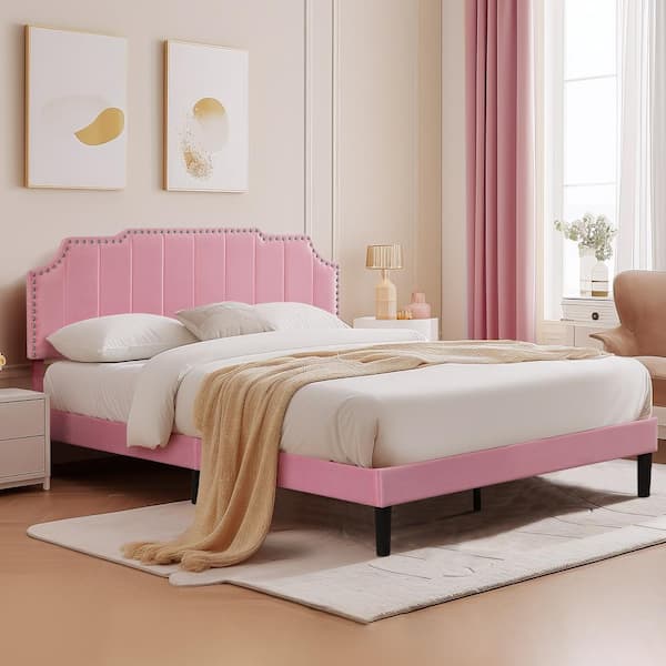VECELO Upholstered Bed Pink Metal Frame Full Platform Bed