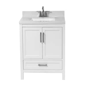 Salerno 25 in. Bath Vanity in White with Cultured Marble Vanity Top with Backsplash in Carrara White with White Basin