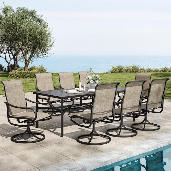 Black 9-Piece Metal Patio Outdoor Dining Set with Slat Table and Textilene Swivel Chairs