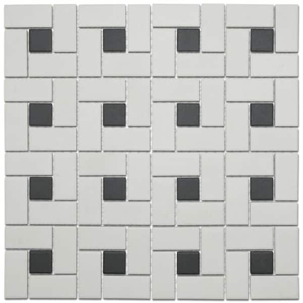Gotham Spiral Unglazed White with Black Dot 6 in. x 6 in. Porcelain Mosaic Take Home Tile Sample