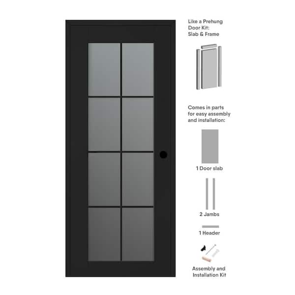 Belldinni Vona 24 in. x 80 in. Left-Hand 8-Lite Frosted Glass Black Matte Composite DIY-Friendly Single Prehung Interior Door