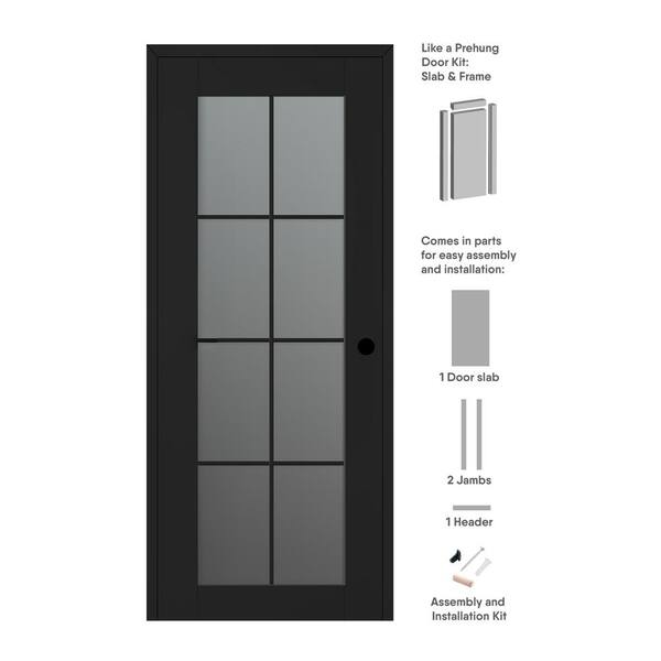 Bellini Vana 28 in. x 96 in. Left-Handed 8-Lite Frosted Glass Black Matte Composite DIY-Friendly Single Prehung Interior Door