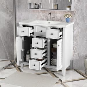 36 in. Bathroom Vanity Freestanding Modular Storage Cabinet with Ceramic Basin, 2 Cabinets and 5 Drawers, White