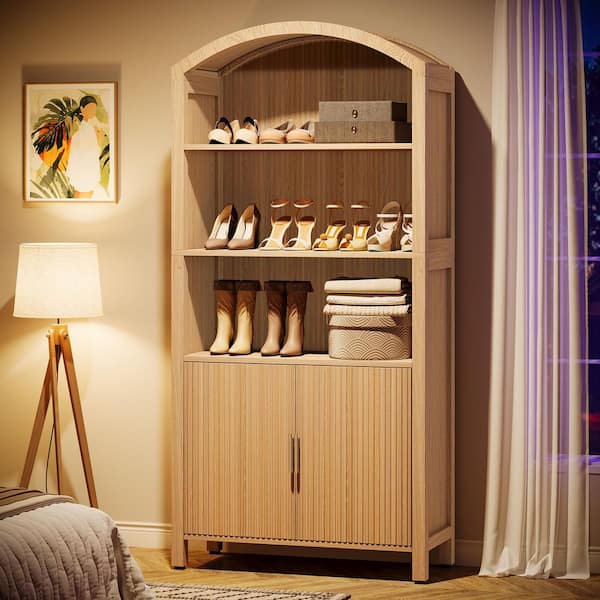 Cezalinda 71 in. H Wood Grain Brown 24-Pair Arched Shoe Cabinet 5-Tier Storage Rack Organizer Doors Shelves Home Office