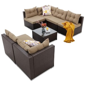 Brown 7-Piece Wicker Patio Conversation Set with Deep Beige Cushions