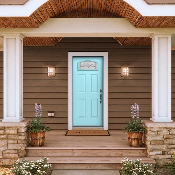 36 in. x 80 in. Left-Hand/Inswing Camber Top 1/4 Lite Caldwell Decorative Glass Caribbean Blue Steel Prehung Front Door