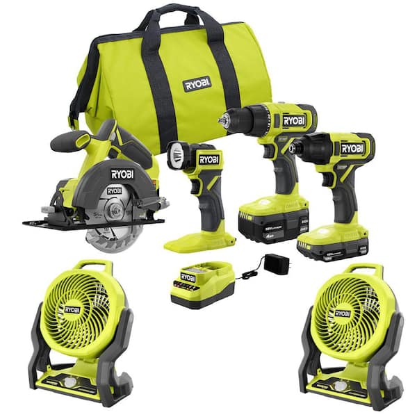 RYOBI ONE+ 18V Cordless 4-Tool Combo Kit with 1.5 Ah Battery, 4.0 Ah Battery, Charger, and Hybrid 7-1/2 in. Fan (2-Pack)